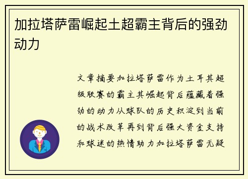 加拉塔萨雷崛起土超霸主背后的强劲动力