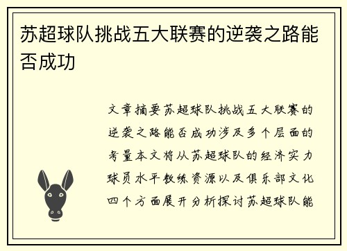 苏超球队挑战五大联赛的逆袭之路能否成功